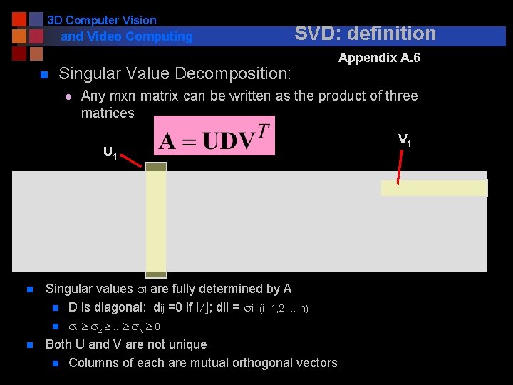 3 D Computer Vision and Video Computing n SVD: definition Singular Value Decomposition: l