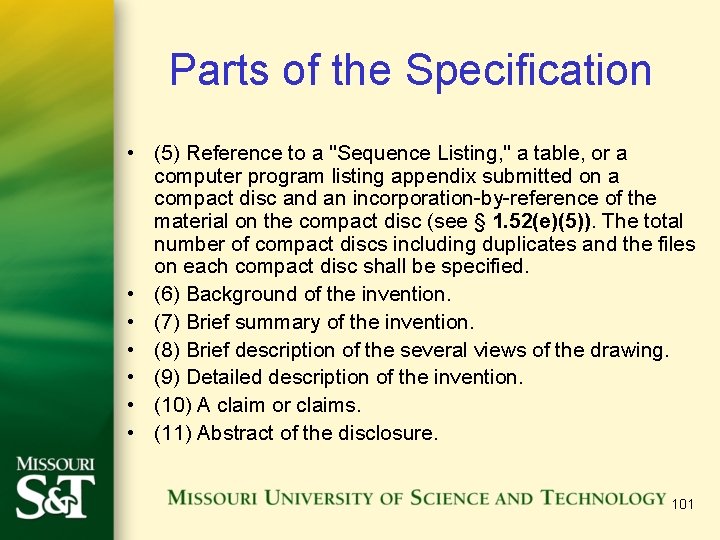 Parts of the Specification • (5) Reference to a "Sequence Listing, " a table,