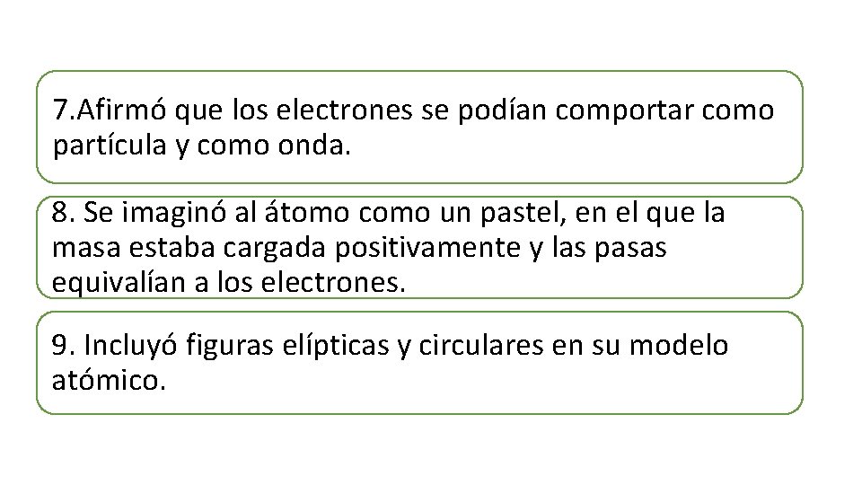 7. Afirmó que los electrones se podían comportar como partícula y como onda. 8.