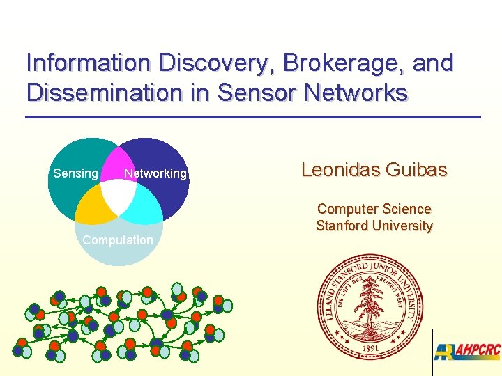 Information Discovery, Brokerage, and Dissemination in Sensor Networks Sensing Networking Computation Leonidas Guibas Computer