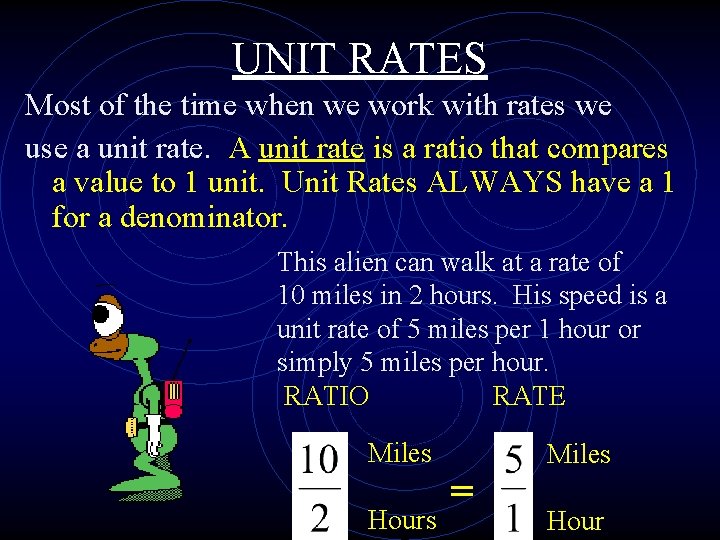 UNIT RATES Most of the time when we work with rates we use a