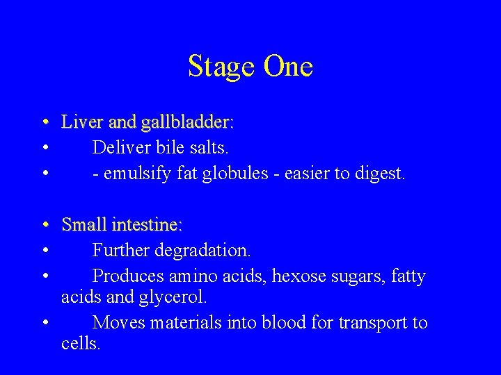 Stage One • Liver and gallbladder: • Deliver bile salts. • - emulsify fat
