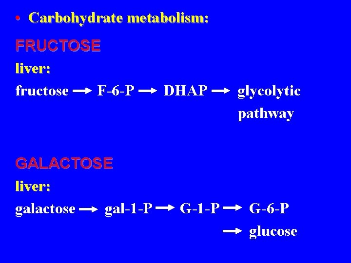  • Carbohydrate metabolism: FRUCTOSE liver: fructose F-6 -P GALACTOSE liver: galactose gal-1 -P