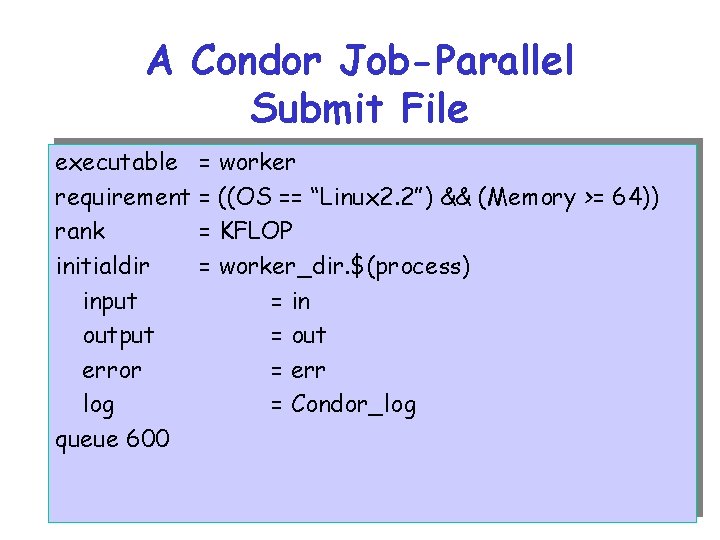 A Condor Job-Parallel Submit File executable = worker requirement = ((OS == “Linux 2.