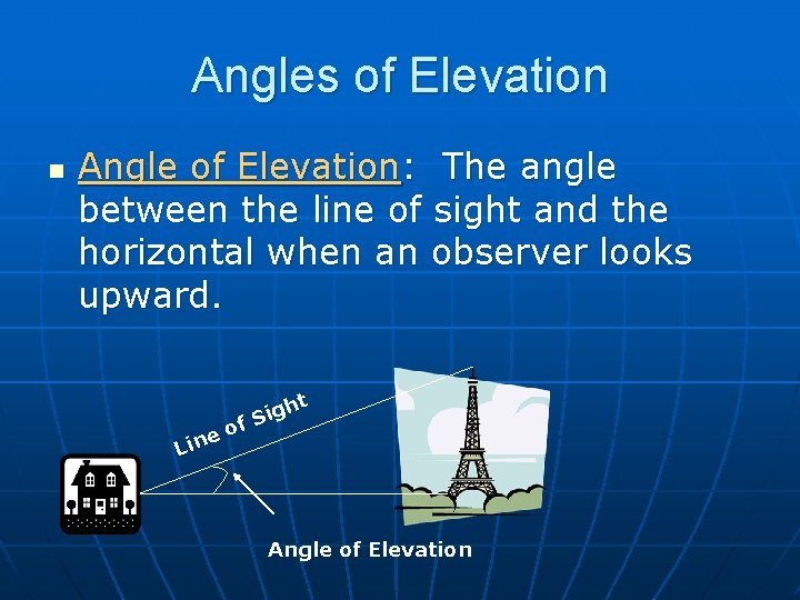 Angles of Elevation n Angle of Elevation: The angle between the line of sight
