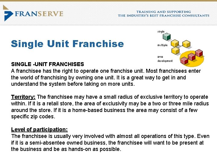 Single Unit Franchise SINGLE -UNIT FRANCHISES A franchisee has the right to operate one