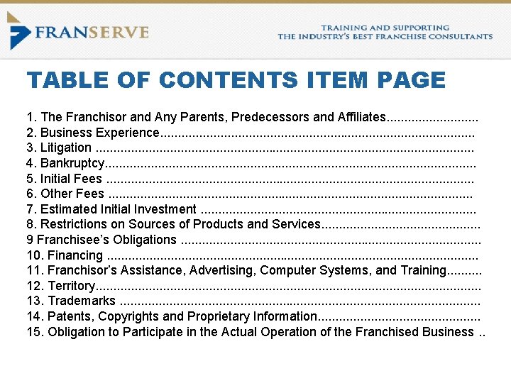 TABLE OF CONTENTS ITEM PAGE 1. The Franchisor and Any Parents, Predecessors and Affiliates.