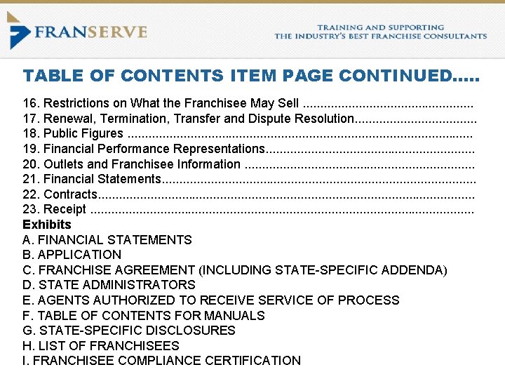 TABLE OF CONTENTS ITEM PAGE CONTINUED…. . 16. Restrictions on What the Franchisee May