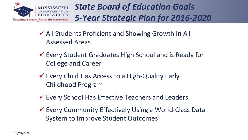 State Board of Education Goals 5 -Year Strategic Plan for 2016 -2020 ü All