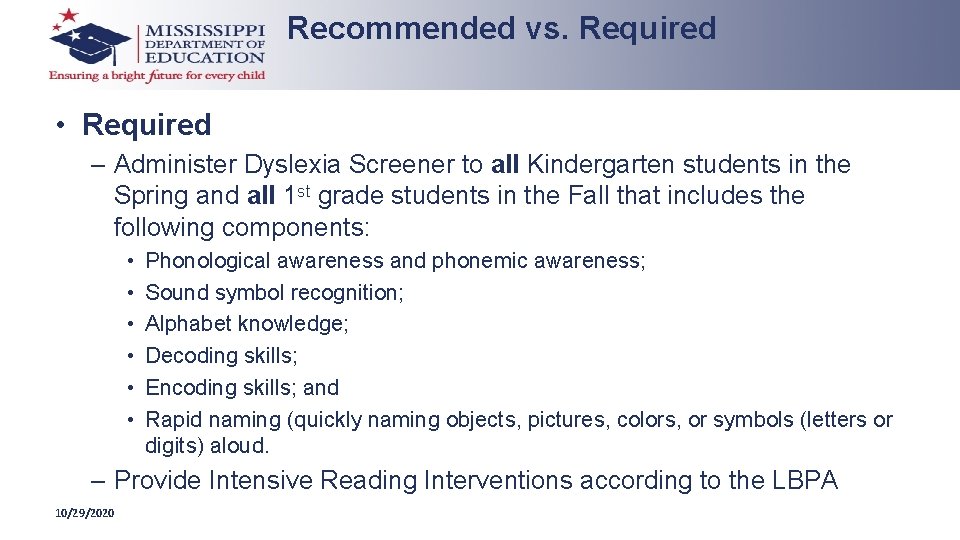 Recommended vs. Required • Required – Administer Dyslexia Screener to all Kindergarten students in