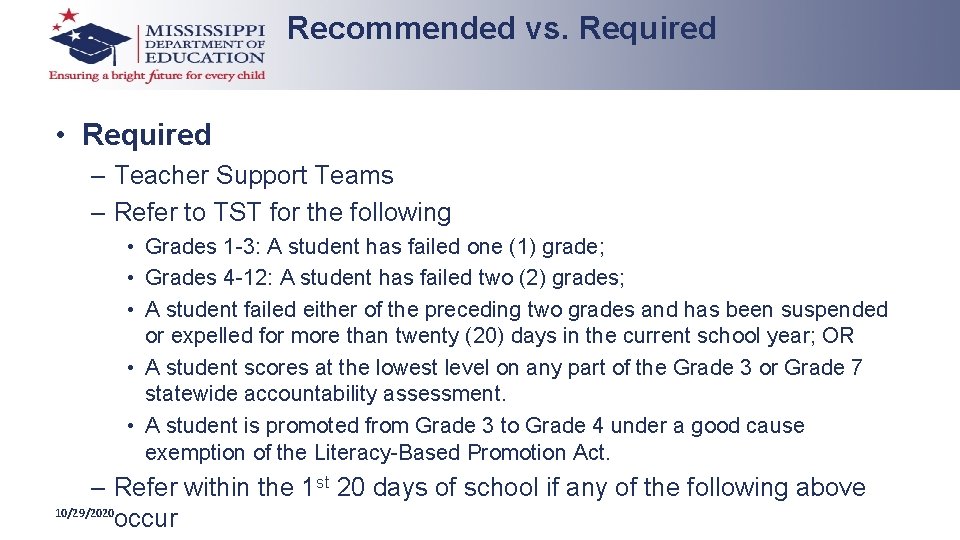 Recommended vs. Required • Required – Teacher Support Teams – Refer to TST for
