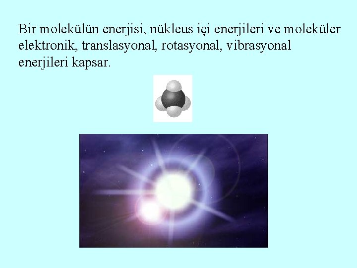 Bir molekülün enerjisi, nükleus içi enerjileri ve moleküler elektronik, translasyonal, rotasyonal, vibrasyonal enerjileri kapsar.