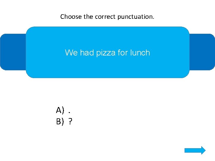 Choose the correct punctuation. We had pizza for lunch A). B) ? 