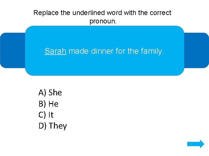 Replace the underlined word with the correct pronoun. Sarah made dinner for the family.