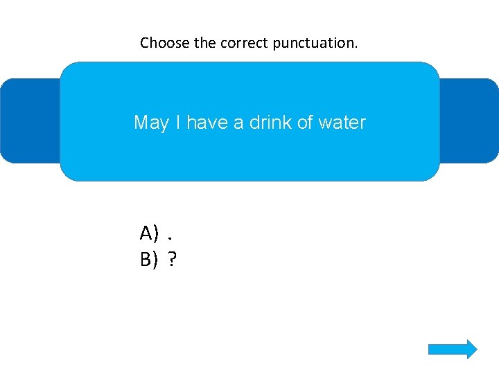 Choose the correct punctuation. May I have a drink of water A). B) ?