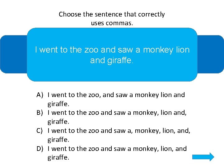 Choose the sentence that correctly uses commas. I went to the zoo and saw
