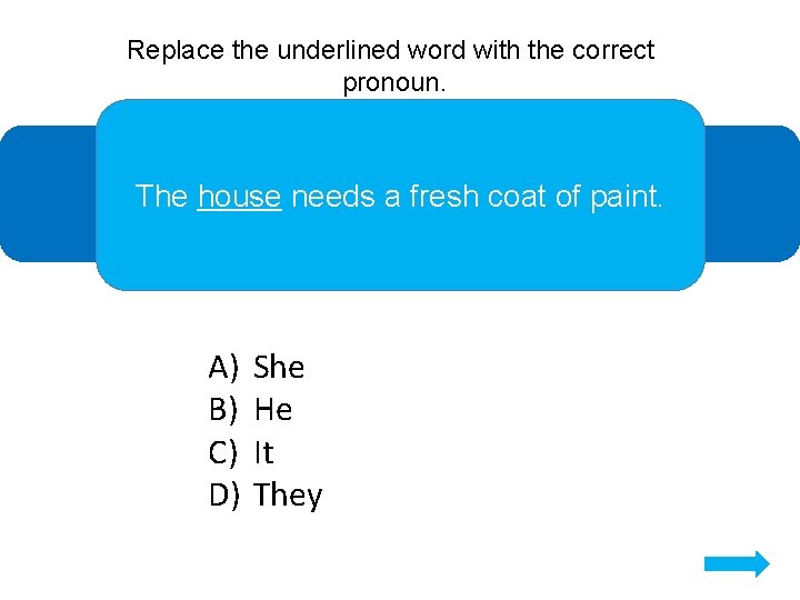 Replace the underlined word with the correct pronoun. The house needs a fresh coat