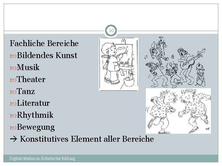 10 Fachliche Bereiche Bildendes Kunst Musik Theater Tanz Literatur Rhythmik Bewegung Konstitutives Element aller