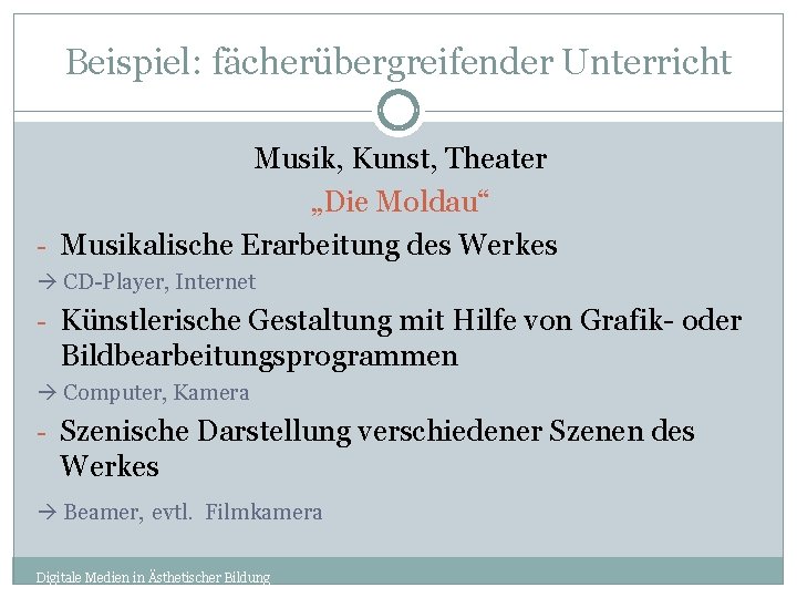 Beispiel: fächerübergreifender Unterricht Musik, Kunst, Theater „Die Moldau“ - Musikalische Erarbeitung des Werkes CD-Player,