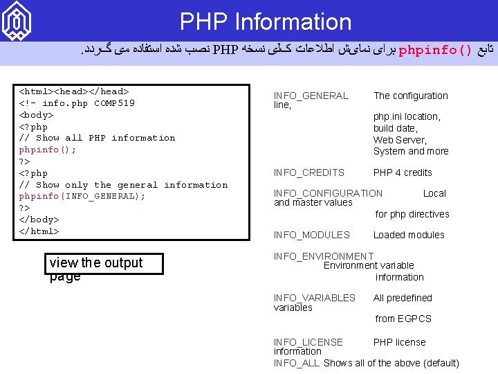 PHP Information. ﻧﺼﺐ ﺷﺪﻩ ﺍﺳﺘﻔﺎﺩﻩ ﻣی گﺮﺩﺩ PHP ﺑﺮﺍی ﻧﻤﺎیﺶ ﺍﻃﻼﻋﺎﺕ کﻠی ﻧﺴﺨﻪ phpinfo()