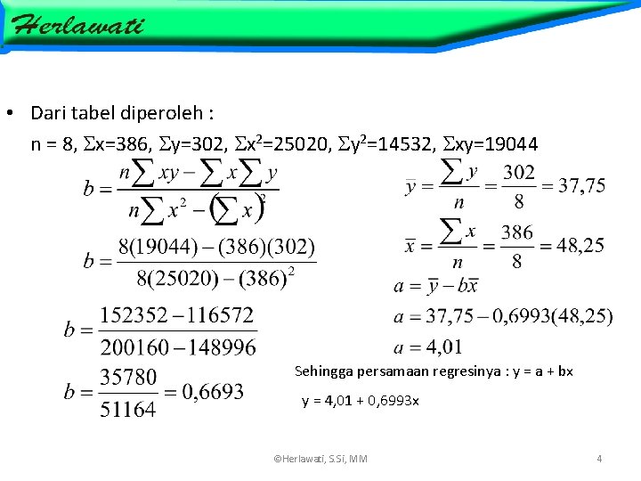 • Dari tabel diperoleh : n = 8, x=386, y=302, x 2=25020, y