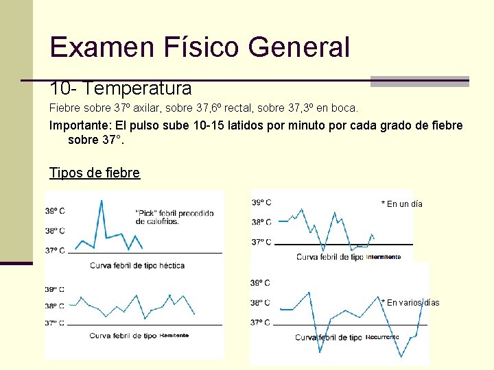 Examen Físico General 10 - Temperatura Fiebre sobre 37º axilar, sobre 37, 6º rectal,