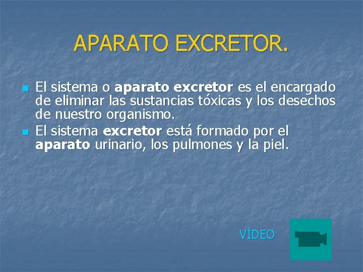 APARATO EXCRETOR. n n El sistema o aparato excretor es el encargado de eliminar