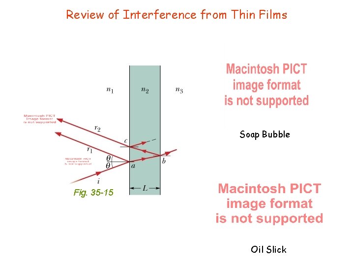 Review of Interference from Thin Films Soap Bubble Fig. 35 -15 Oil Slick 