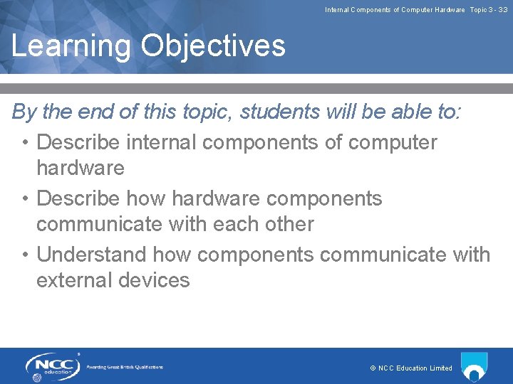 Internal Components of Computer Hardware Topic 3 3. 3 Learning Objectives By the end