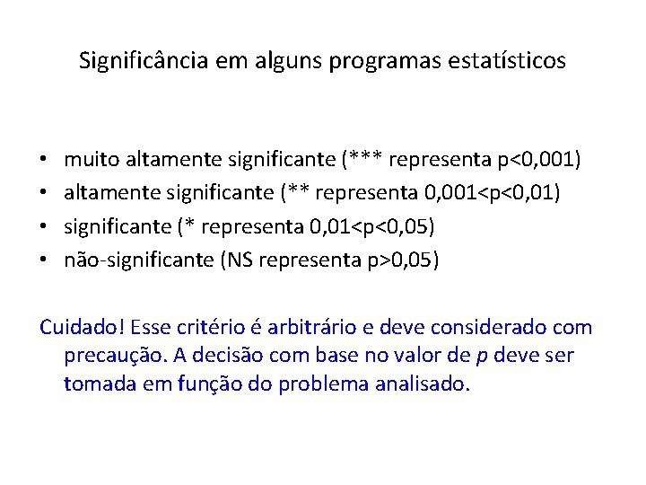 Significância em alguns programas estatísticos • • muito altamente significante (*** representa p<0, 001)