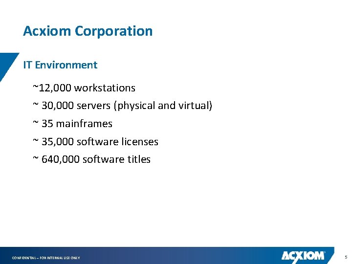 Acxiom Corporation IT Environment ~12, 000 workstations ~ 30, 000 servers (physical and virtual)