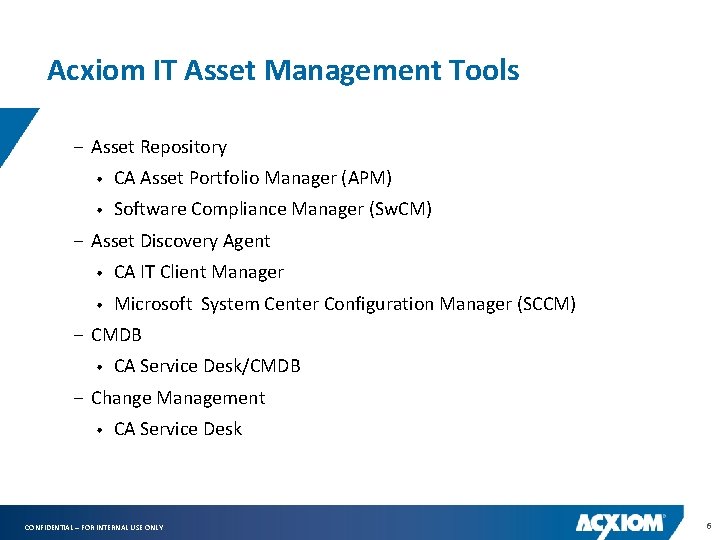 Acxiom IT Asset Management Tools − Asset Repository • CA Asset Portfolio Manager (APM)
