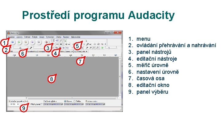 Prostředí programu Audacity 1 2 6 5 3 4 7 8 9 1. 2.