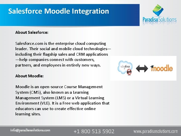 Salesforce Moodle Integration About Salesforce: Salesforce. com is the enterprise cloud computing leader. Their