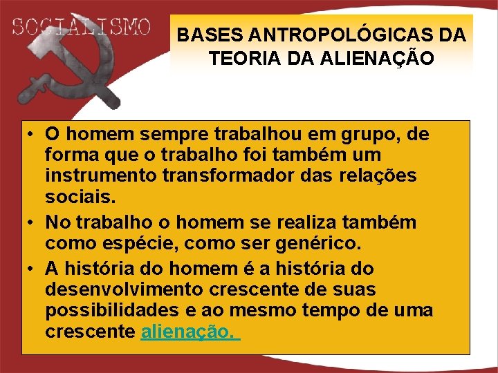 BASES ANTROPOLÓGICAS DA TEORIA DA ALIENAÇÃO • O homem sempre trabalhou em grupo, de