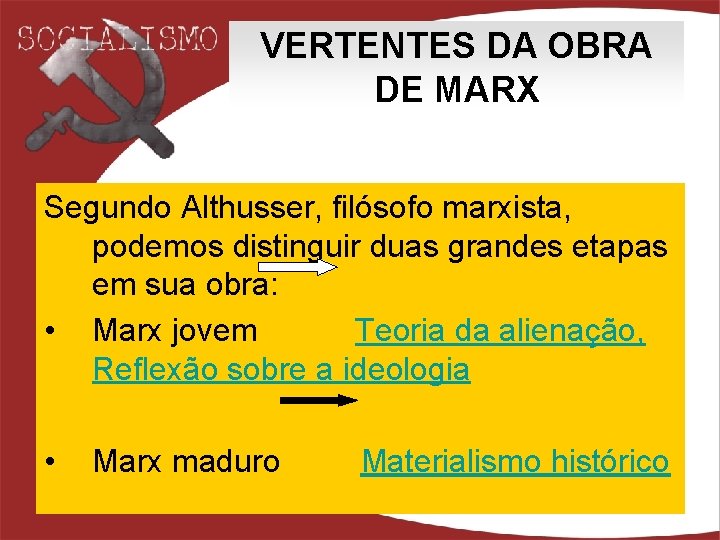 VERTENTES DA OBRA DE MARX Segundo Althusser, filósofo marxista, podemos distinguir duas grandes etapas