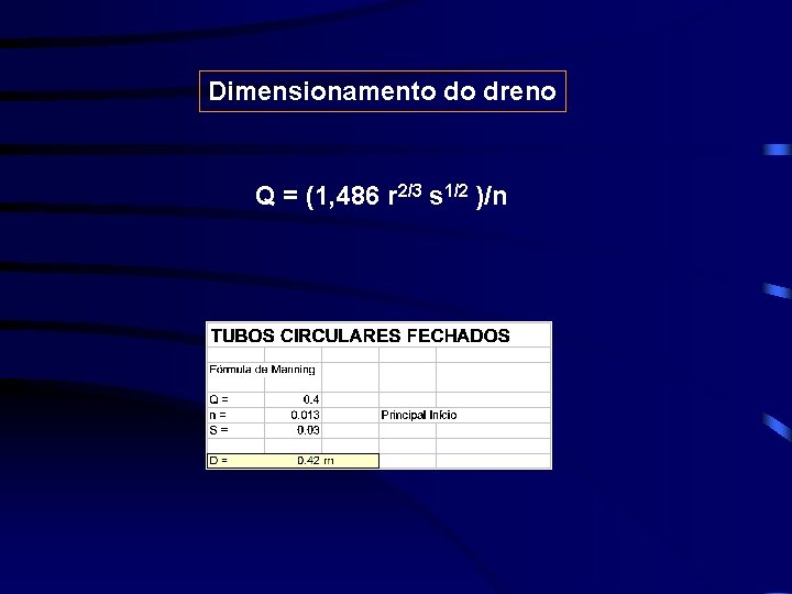 Dimensionamento do dreno Q = (1, 486 r 2/3 s 1/2 )/n Dimensionamento do dreno Q = (1, 486 r 2/3 s 1/2 )/n