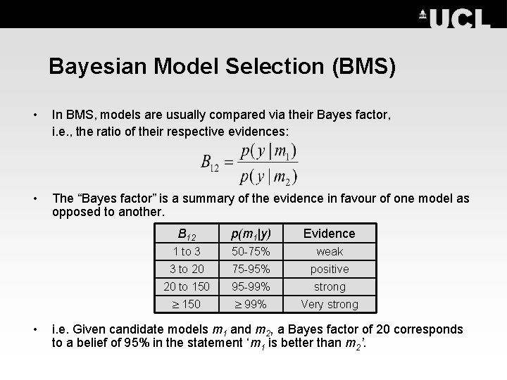 Bayesian Model Selection (BMS) • In BMS, models are usually compared via their Bayes