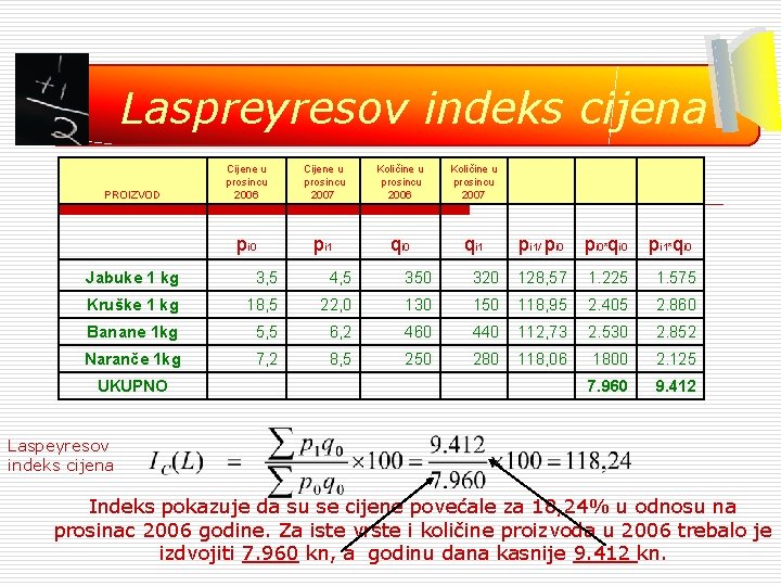 Laspreyresov indeks cijena PROIZVOD Cijene u prosincu 2006 Cijene u prosincu 2007 Količine u
