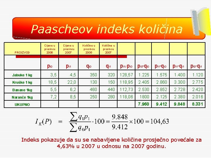 Paascheov indeks količina PROIZVOD Cijene u prosincu 2006 Cijene u prosincu 2007 Količine u