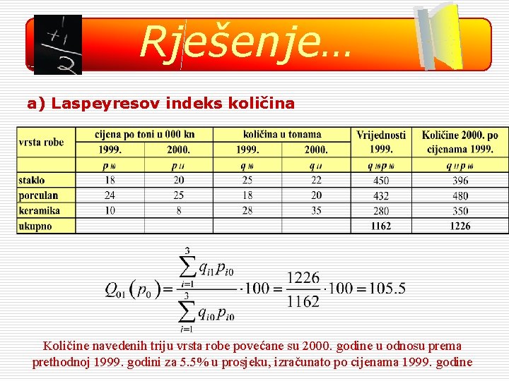 Rješenje… a) Laspeyresov indeks količina Količine navedenih triju vrsta robe povećane su 2000. godine