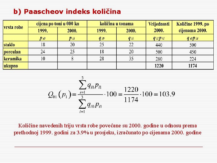 b) Paascheov indeks količina Količine navedenih triju vrsta robe povećane su 2000. godine u