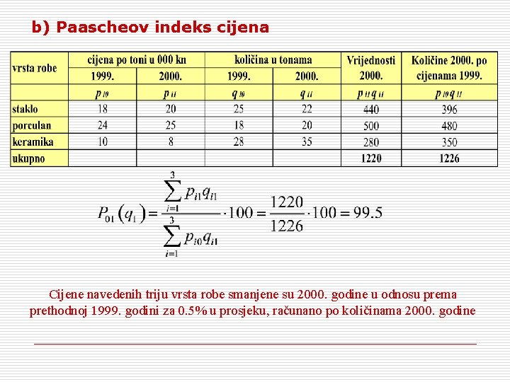 b) Paascheov indeks cijena Cijene navedenih triju vrsta robe smanjene su 2000. godine u