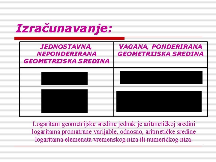 Izračunavanje: JEDNOSTAVNA, NEPONDERIRANA GEOMETRIJSKA SREDINA VAGANA, PONDERIRANA GEOMETRIJSKA SREDINA Logaritam geometrijske sredine jednak je