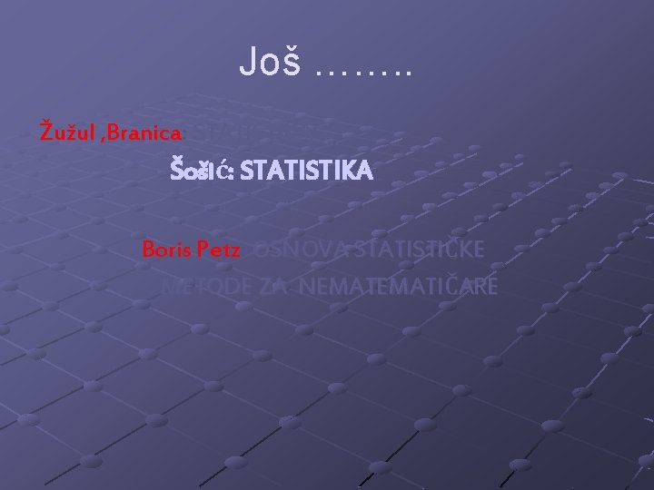 Još ……. . Žužul , Branica: STATISTIKA Šošić: STATISTIKA Boris Petz: OSNOVA STATISTIČKE METODE