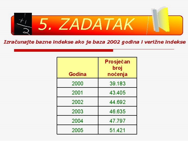 5. ZADATAK Izračunajte bazne indekse ako je baza 2002 godina i verižne indekse Godina