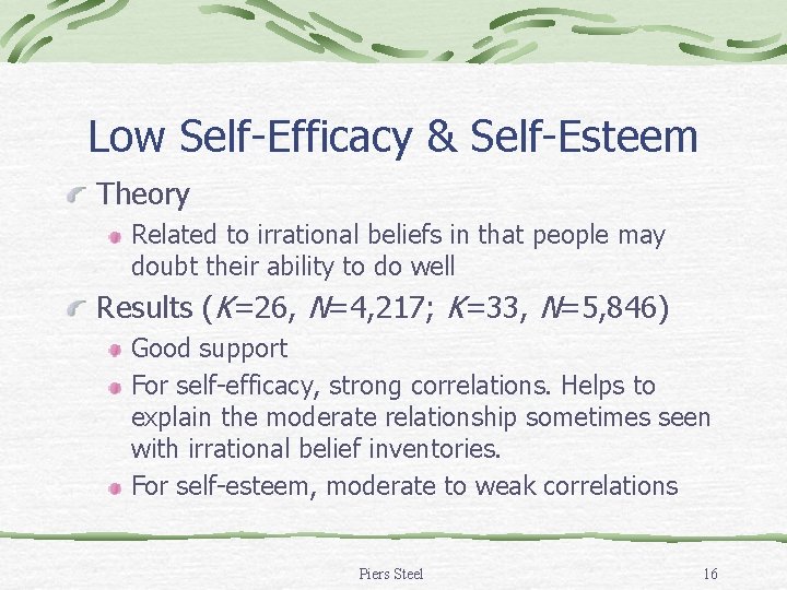 Low Self-Efficacy & Self-Esteem Theory Related to irrational beliefs in that people may doubt Low Self-Efficacy & Self-Esteem Theory Related to irrational beliefs in that people may doubt