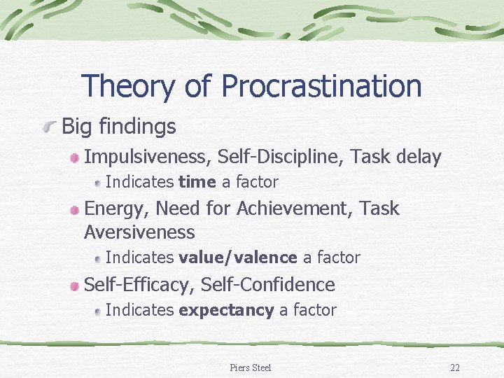 Theory of Procrastination Big findings Impulsiveness, Self-Discipline, Task delay Indicates time a factor Energy, Theory of Procrastination Big findings Impulsiveness, Self-Discipline, Task delay Indicates time a factor Energy,