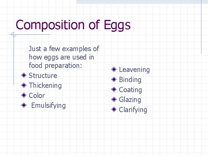 Composition of Eggs Just a few examples of how eggs are used in food