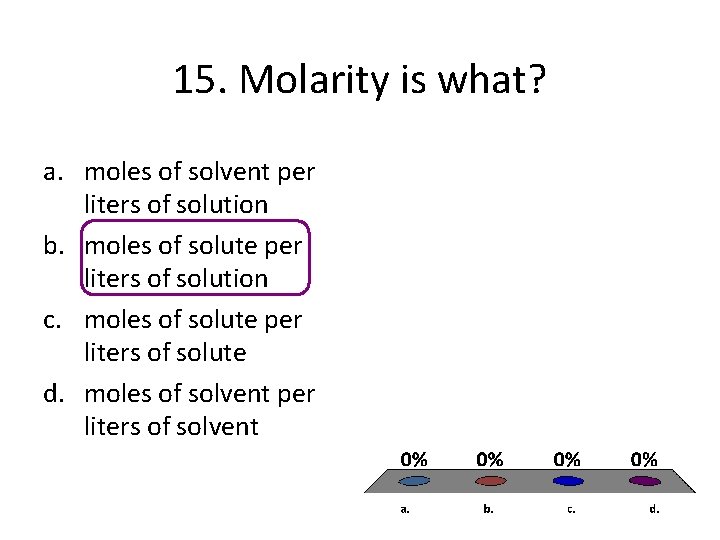 15. Molarity is what? a. moles of solvent per liters of solution b. moles 15. Molarity is what? a. moles of solvent per liters of solution b. moles